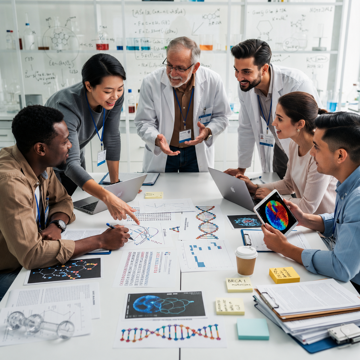group of scientists analyzing and discussing data in a brightly lit room
